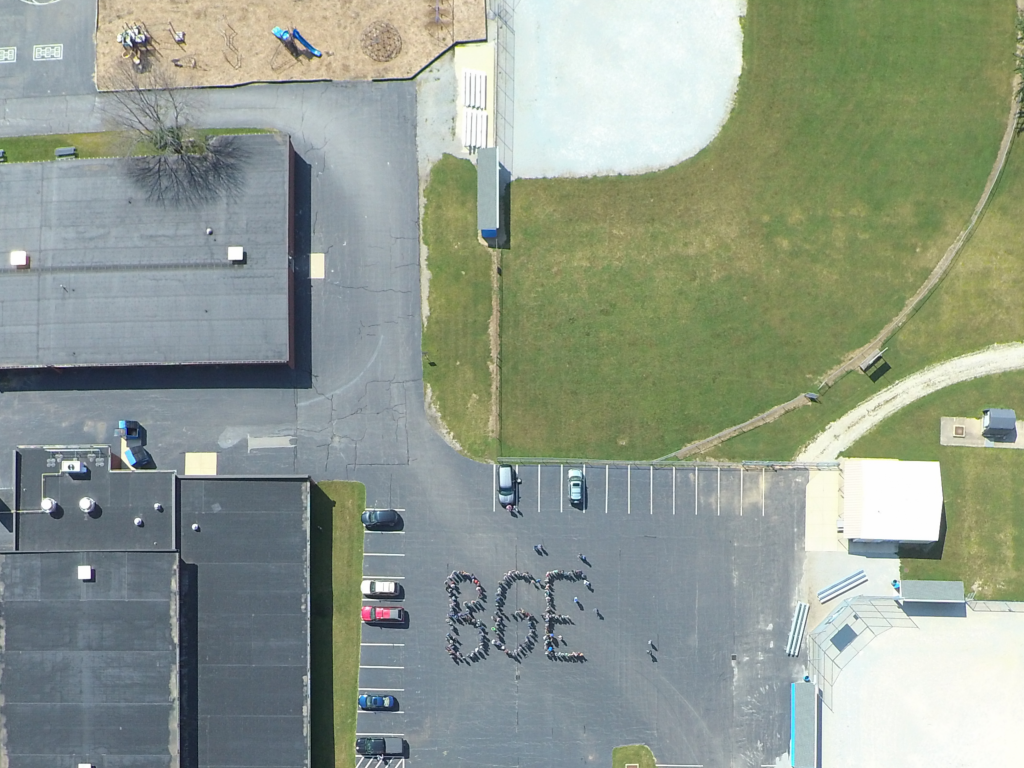 Aerial view of students lined up to spell BGE