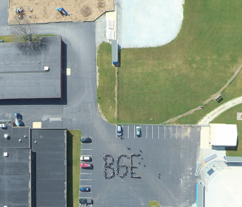 Aerial view of students lined up to spell BGE
